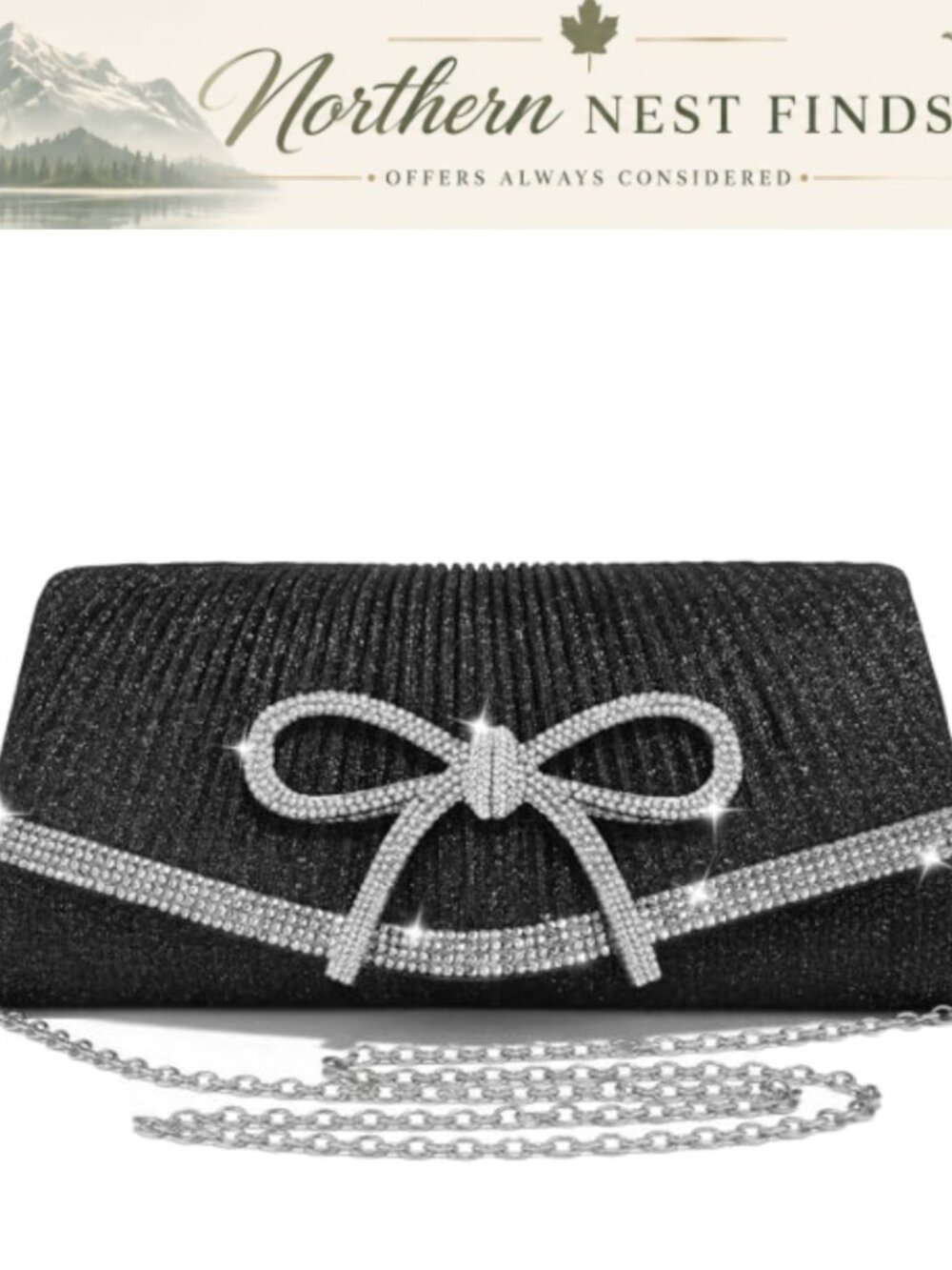 Rhinestone Bow Evening Clutch with Detachable Chain